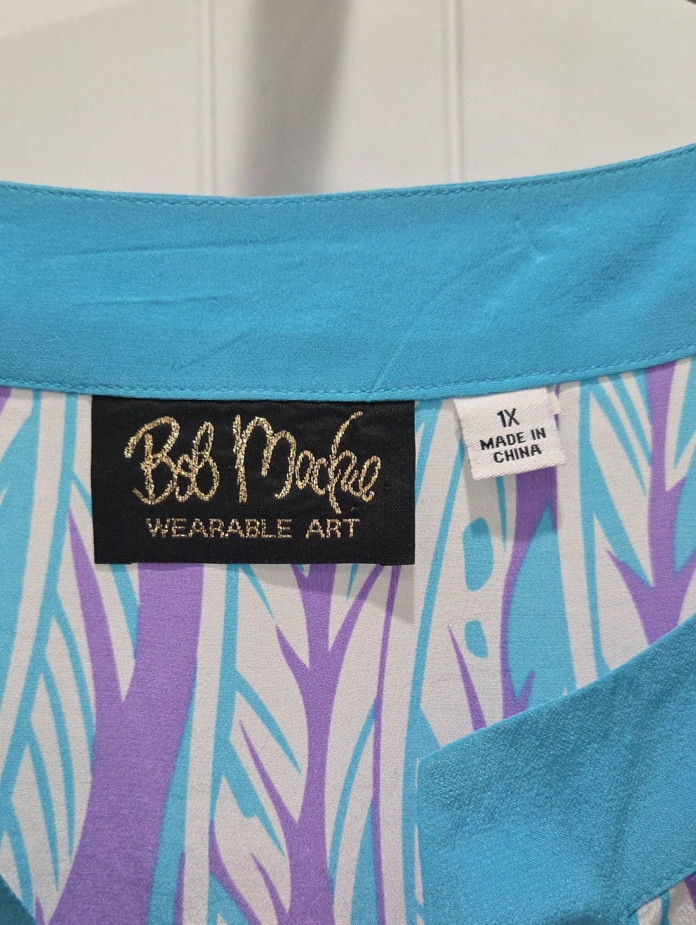 Bob Mackie Wearable Art 100% Silk Feather Print Tunic Blouse Purple 1X - Picture 3 of 6